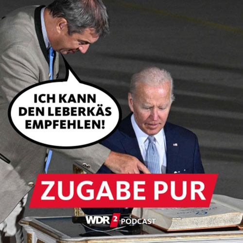 Satirische Fotomontage: Joe Biden sitzt vor dem Gästebuch beim G7-Gipfel, Markus Söder zeigt auf das Buch und sagt "Ich kann den Leberkäs empfehlen!" | Bildquelle: AFP | Montage: WDR (Heimer)